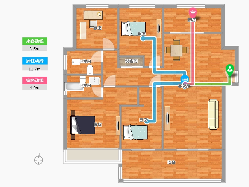 江苏省-苏州市-首开如院A户型144m²-114.99-户型库-动静线