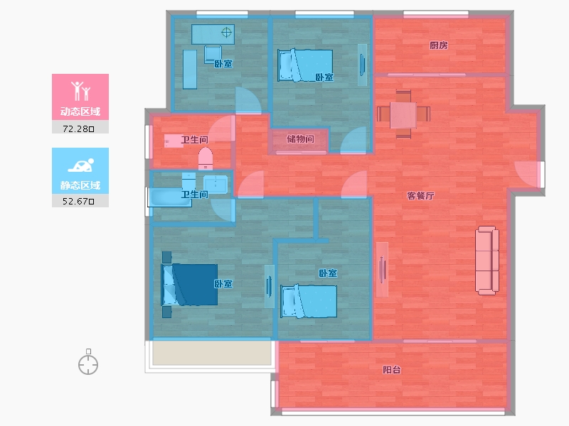 江苏省-苏州市-首开如院A户型144m²-114.99-户型库-动静分区