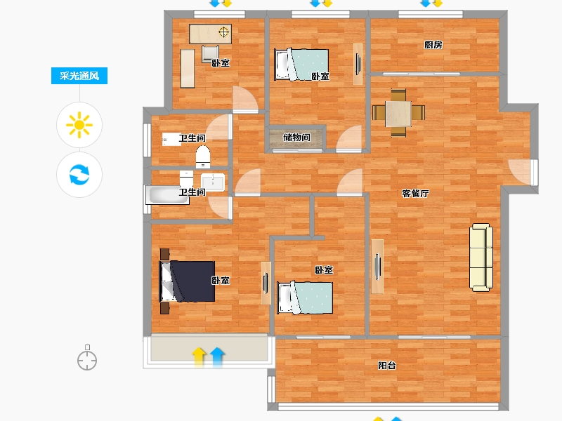 江苏省-苏州市-首开如院A户型144m²-114.99-户型库-采光通风