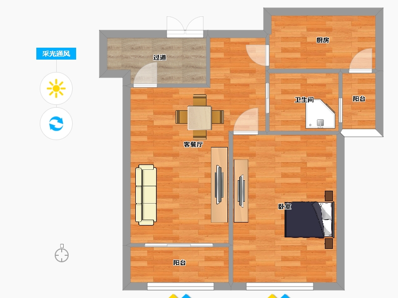 江苏省-苏州市-宝韵铂宫1-B户型71m²-56.93-户型库-采光通风