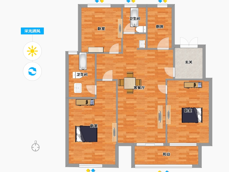 江苏省-苏州市-宝韵铂宫1-C户型140m²-111.12-户型库-采光通风