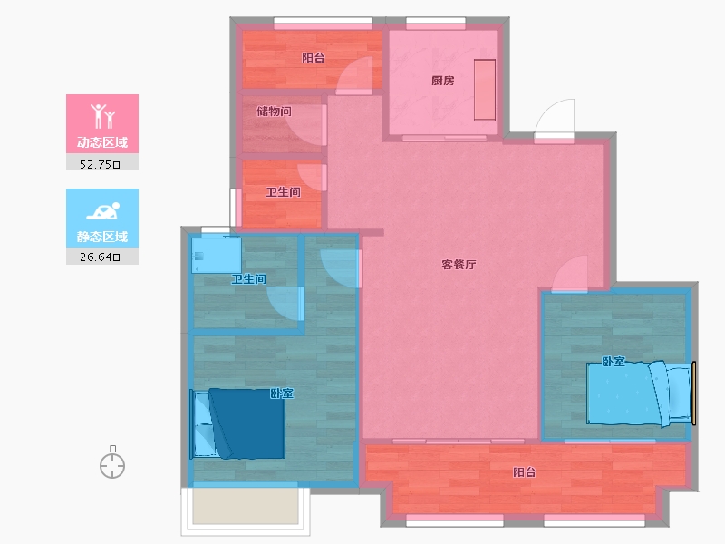 江苏省-苏州市-金辉悠步临湖A户型90m²-72.00-户型库-动静分区