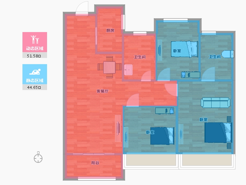 江苏省-苏州市-姑苏金茂悦10,2栋,D户型110m²-87.82-户型库-动静分区