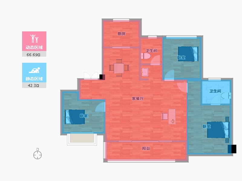 江苏省-苏州市-中铁诺德姑苏上府高层F户型125m²-99.86-户型库-动静分区