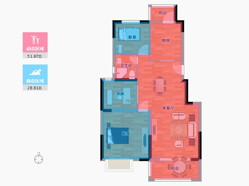 江苏省-苏州市-奥园观湖悦府,7号楼,9号楼A8户型90m²-72.24-户型库-动静分区