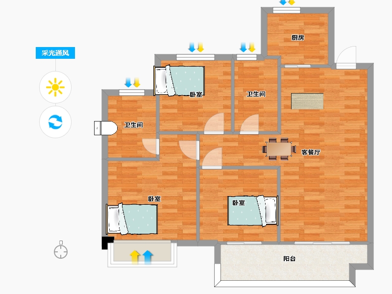 江苏省-苏州市-甪澄时光花园7,9栋B1户型104m²-82.96-户型库-采光通风