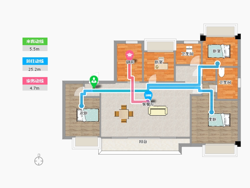 江苏省-苏州市-甪澄时光花园13,5,8栋A2户型127m²-101.96-户型库-动静线