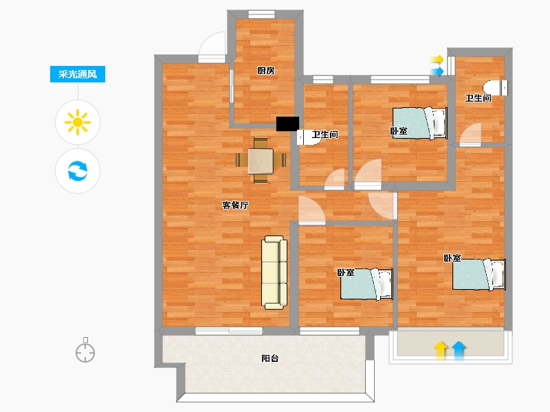 江苏省-苏州市-旭辉和风7,8,1栋B户型105m²-84.00-户型库-采光通风