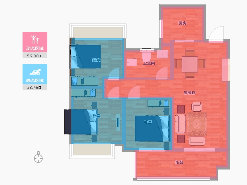 江苏省-苏州市-旭辉和风11,12,5栋D户型100m²-79.81-户型库-动静分区