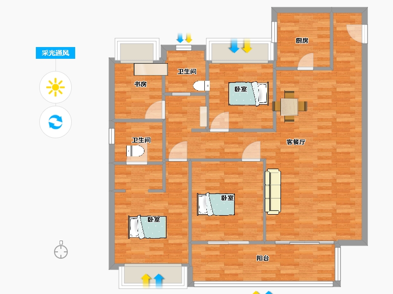 江苏省-苏州市-天鹅港华庭31,三区28栋A户型129m²-102.99-户型库-采光通风