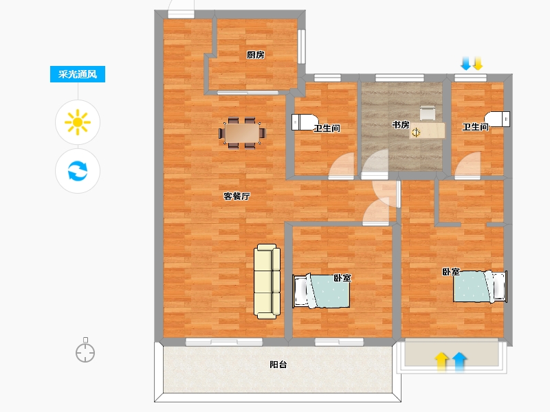 江苏省-苏州市-天鹅港华庭31,三区28栋B户型115m²-91.99-户型库-采光通风