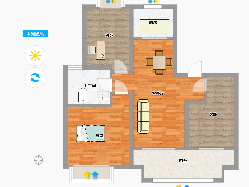 江苏省-苏州市-印江南花园1,6,7栋90m²-71.99-户型库-采光通风