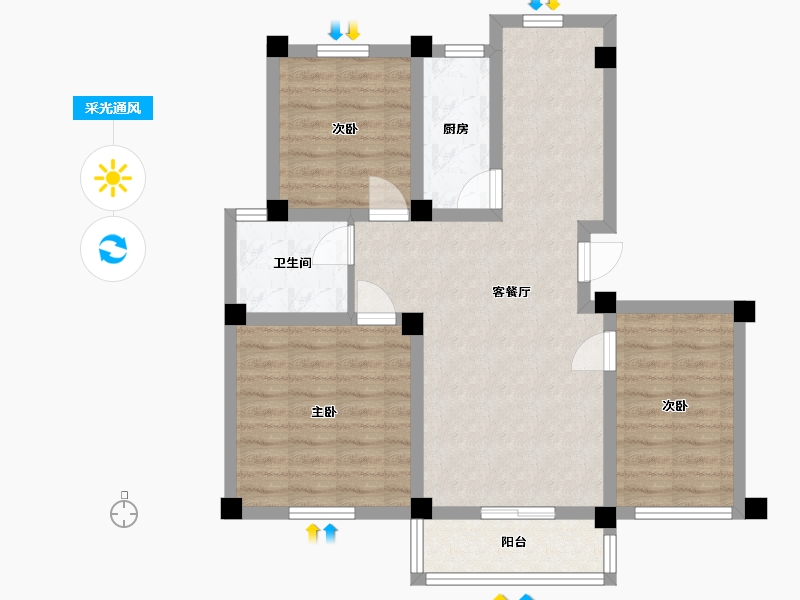 江苏省-南京市-恒建金陵美域D户型94m²-74.38-户型库-采光通风