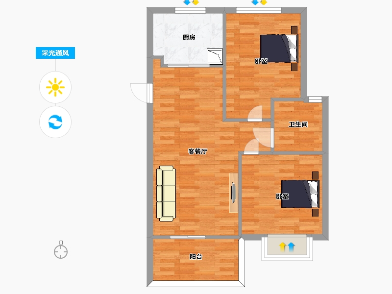 江苏省-南京市-银城旭辉云台天境10,3,15,12,9幢D-2户型80m²-63.58-户型库-采光通风