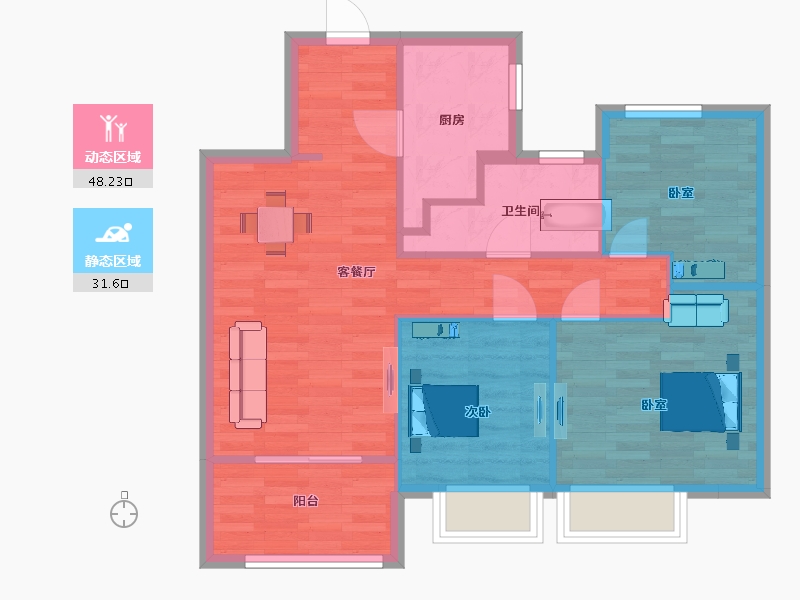 江苏省-南京市-龙湖天钜2幢,3幢,5幢A户型90m²-71.99-户型库-动静分区