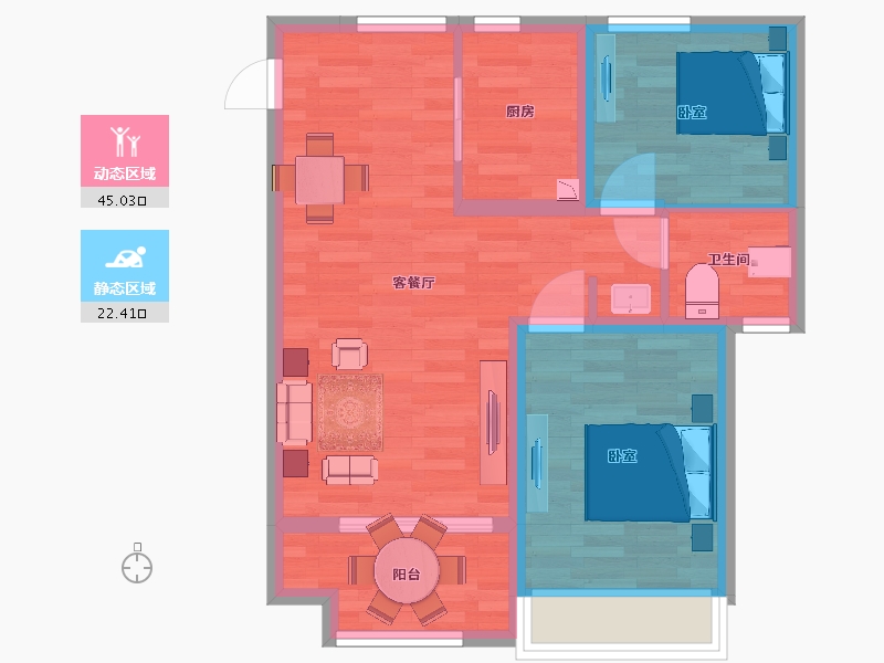 江苏省-南京市-荣盛花语馨城A-3幢,A-4幢A户型75m²-59.91-户型库-动静分区