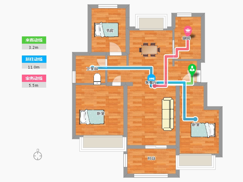 江苏省-南京市-远洋山水A-1户型93m²-74.00-户型库-动静线