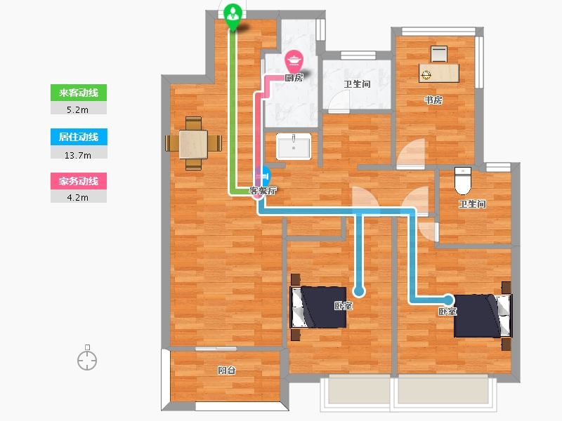 江苏省-南京市-汤山玉兰公馆2幢,3幢,6幢B2户型105m²-84.11-户型库-动静线