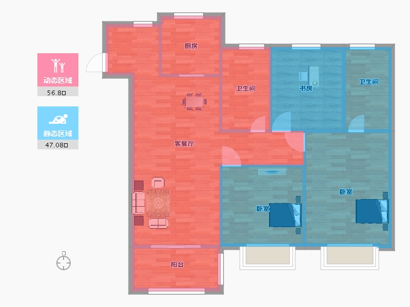 江苏省-南京市-东城金茂悦Ⅱ期5幢,2幢,6幢,7幢C户型119m²-94.99-户型库-动静分区