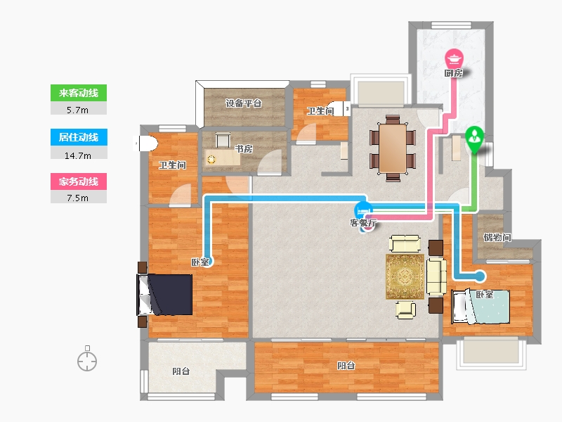 江苏省-南京市-荣盛隽峰雅苑B1户型130m²-104.00-户型库-动静线