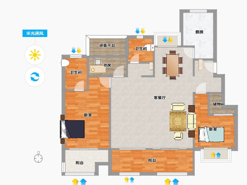 江苏省-南京市-荣盛隽峰雅苑B1户型130m²-104.00-户型库-采光通风