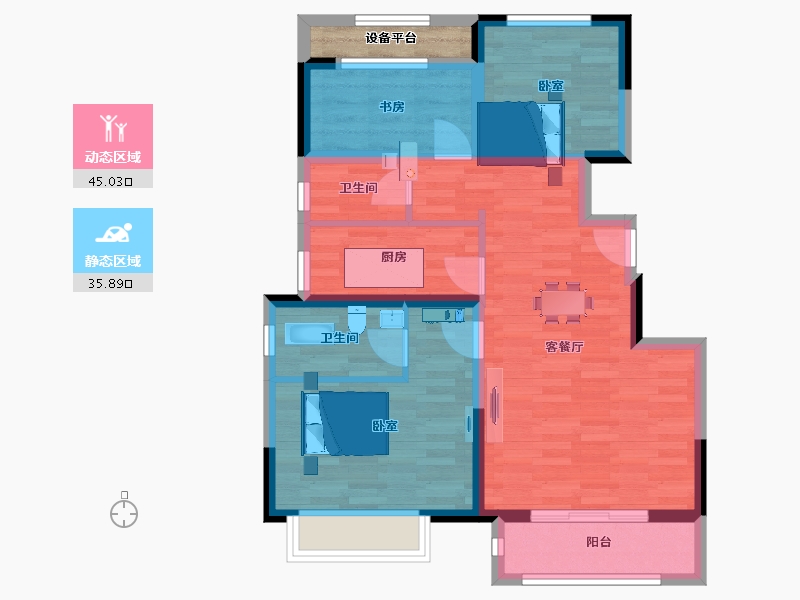 江苏省-南京市-江山荟3幢,5幢,6幢B1户型89m²-73.96-户型库-动静分区