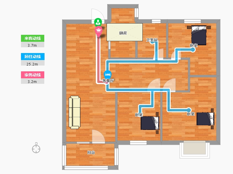 江苏省-南京市-朗诗玲珑郡6,9,2,3A户型88m²-70.40-户型库-动静线