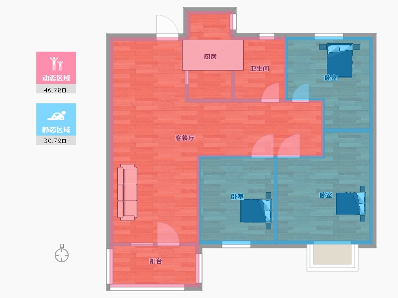 江苏省-南京市-朗诗玲珑郡6,9,2,3A户型88m²-70.40-户型库-动静分区