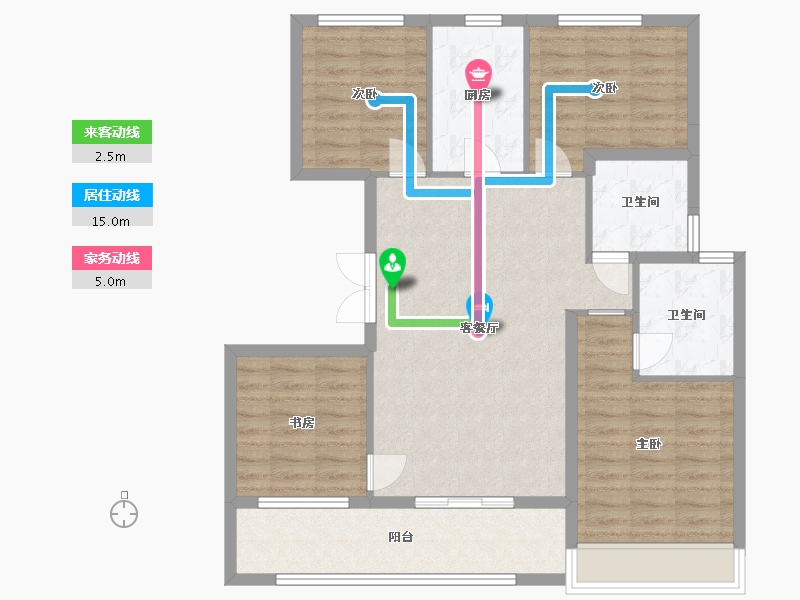 江苏省-苏州市-龙湖中锐景粼天著花园洋房14,16幢A1户型123m²-97.64-户型库-动静线