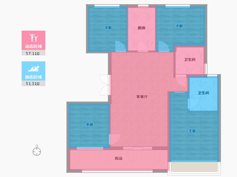 江苏省-苏州市-龙湖中锐景粼天著花园洋房14,16幢A1户型123m²-97.64-户型库-动静分区