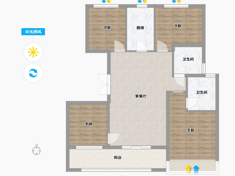 江苏省-苏州市-龙湖中锐景粼天著花园洋房14,16幢A1户型123m²-97.64-户型库-采光通风