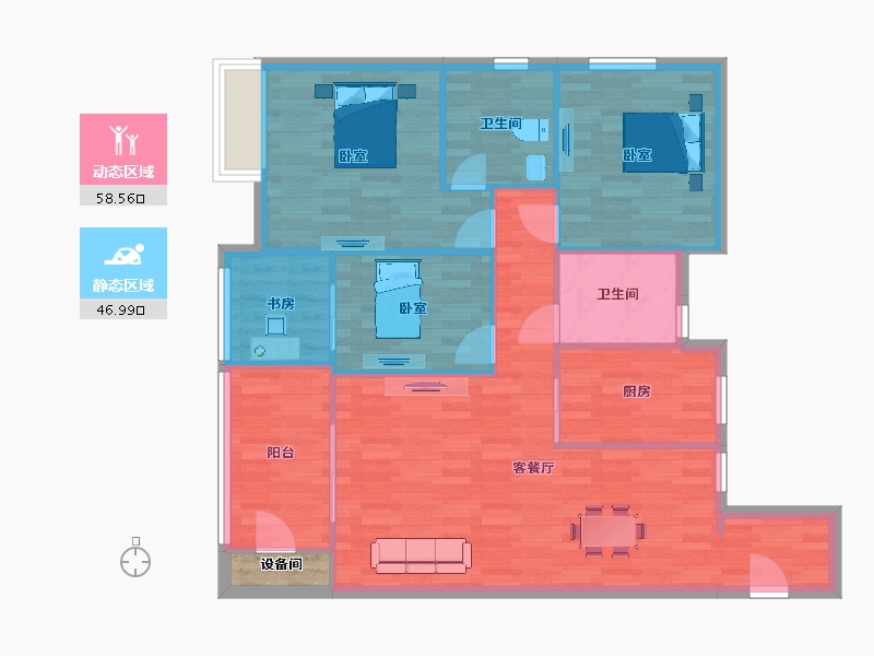 江苏省-南京市-21世纪太阳城银座F户型123m²-98.00-户型库-动静分区