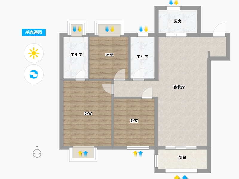 江苏省-南京市-银城孔雀城天荟2幢,3幢,4幢B户型105m²-83.99-户型库-采光通风