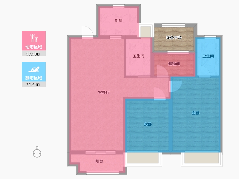 江苏省-苏州市-绿都虞宸源筑1,2,6,7幢B96m²-80.74-户型库-动静分区