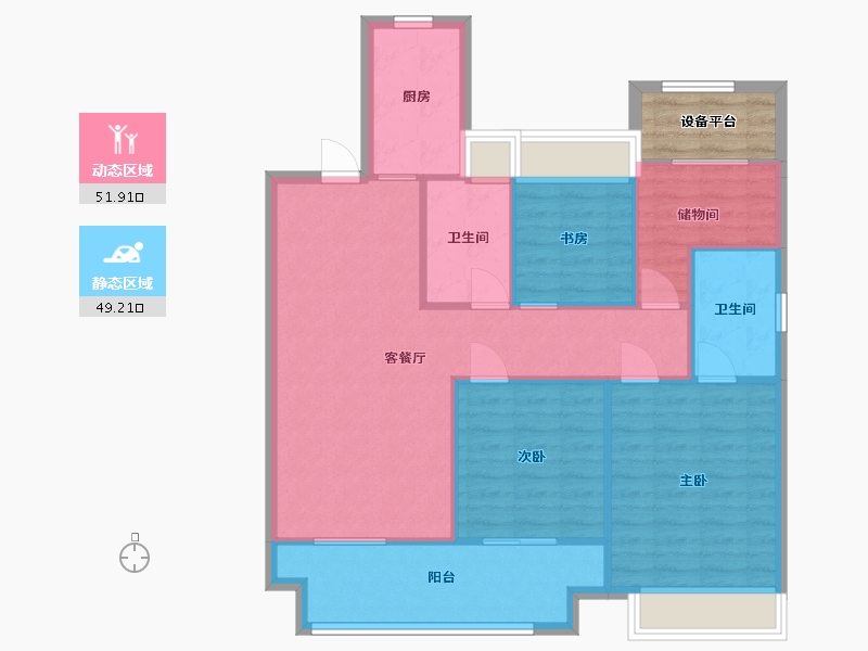 江苏省-苏州市-绿都虞宸源筑1幢,3幢,5幢D户型116m²-95.98-户型库-动静分区