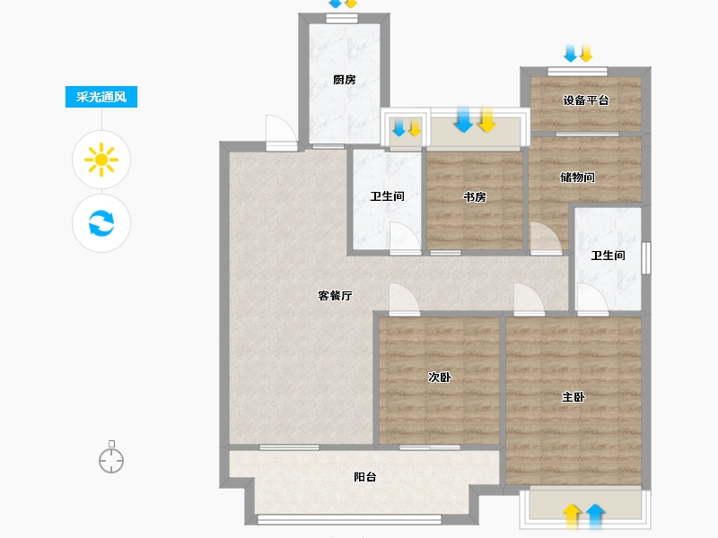 江苏省-苏州市-绿都虞宸源筑1幢,3幢,5幢D户型116m²-95.98-户型库-采光通风