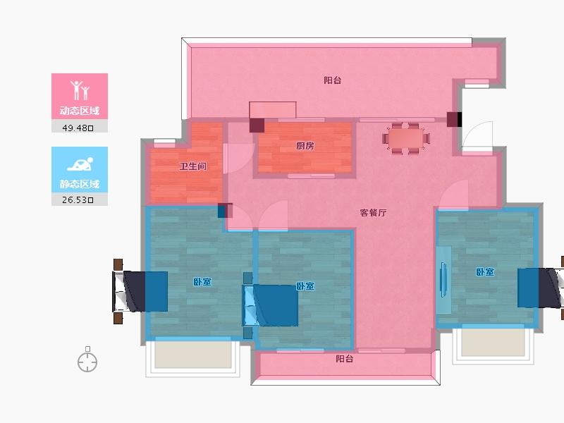 江苏省-南京市-江山大境A-03幢,B-04幢E3户型85m²-68.01-户型库-动静分区