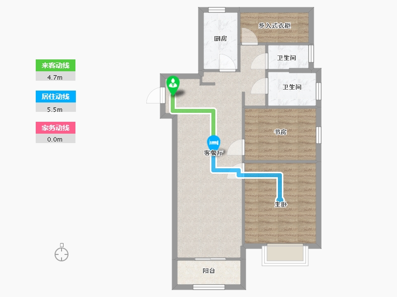 江苏省-南京市-风华府金地悦风华1幢,7幢B2户型95m²-75.88-户型库-动静线