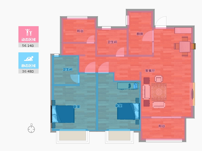 江苏省-南京市-保利荣盛合悦31幢,27幢,12幢B户型98m²-78.65-户型库-动静分区