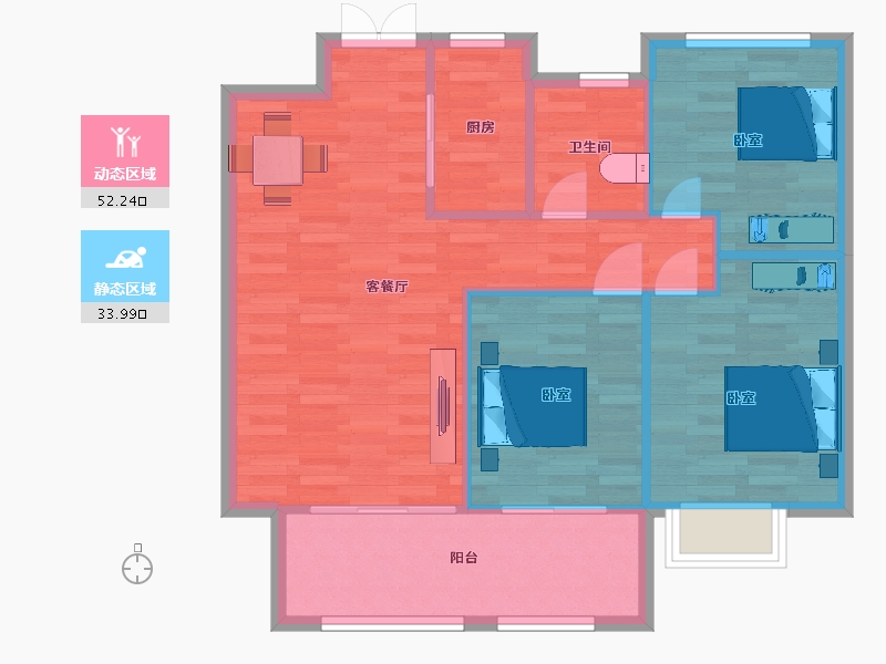 江苏省-南京市-荣盛昱龙府龙池御府E2户型99m²-79.00-户型库-动静分区