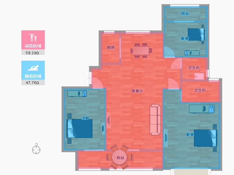 江苏省-南京市-荣盛昱龙府龙池御府9幢D2户型122m²-97.60-户型库-动静分区