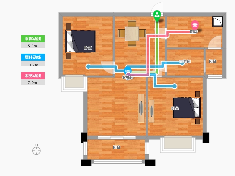 江苏省-南京市-龙海骏景B1户型88m²-69.97-户型库-动静线