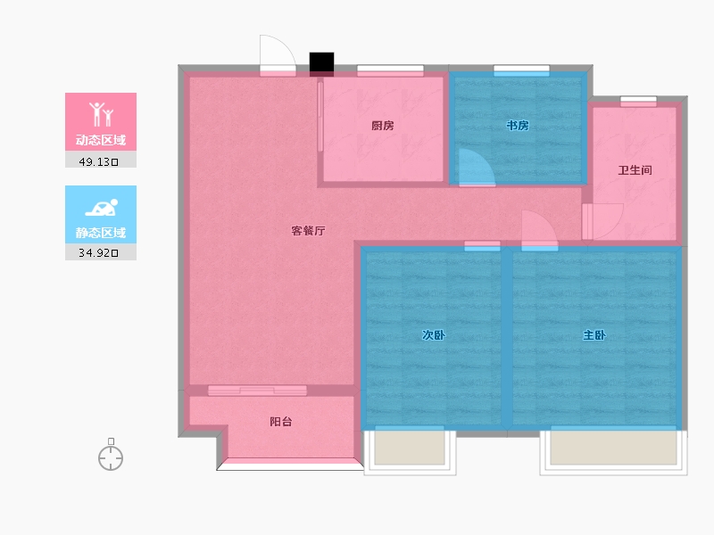 江苏省-苏州市-橡树澜湾花园8,3,7,6楼A户型93m²-74.55-户型库-动静分区