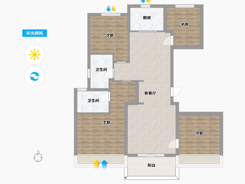 江苏省-苏州市-橡树澜湾花园1号楼,2号楼C户型130m²-104.67-户型库-采光通风