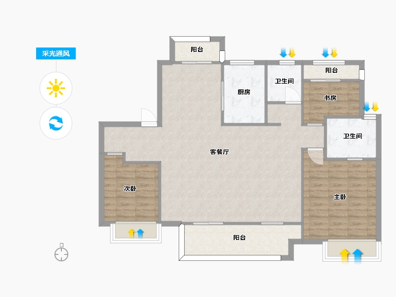 江苏省-苏州市-张家港弘阳云筑闲云户型130m²-104.00-户型库-采光通风