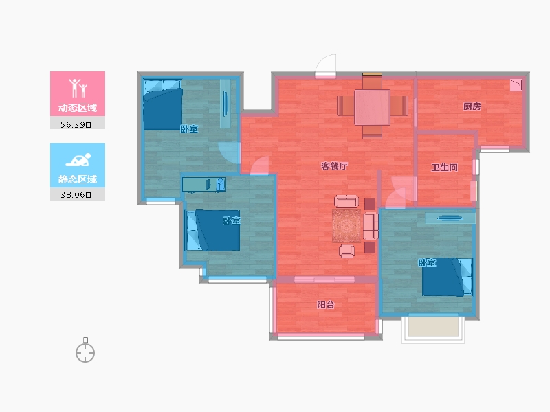 江苏省-苏州市-恒大悦珑湾16栋B户型108m²-85.82-户型库-动静分区