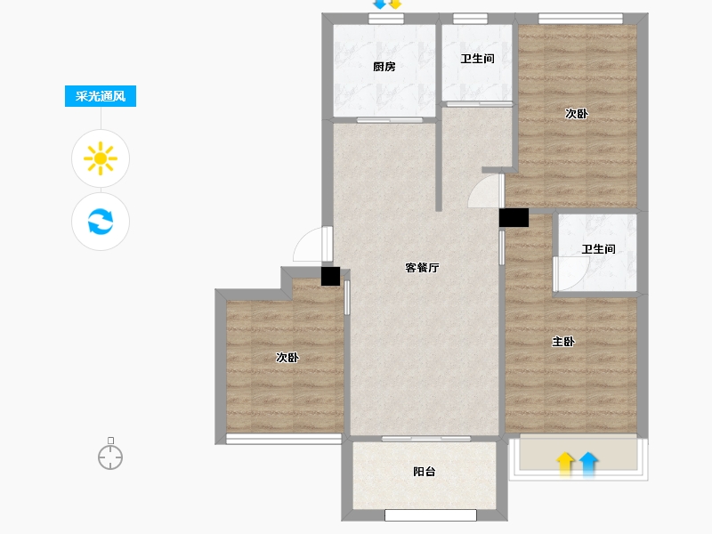 江苏省-苏州市-浦西玫瑰园9栋J户型96m²-75.91-户型库-采光通风