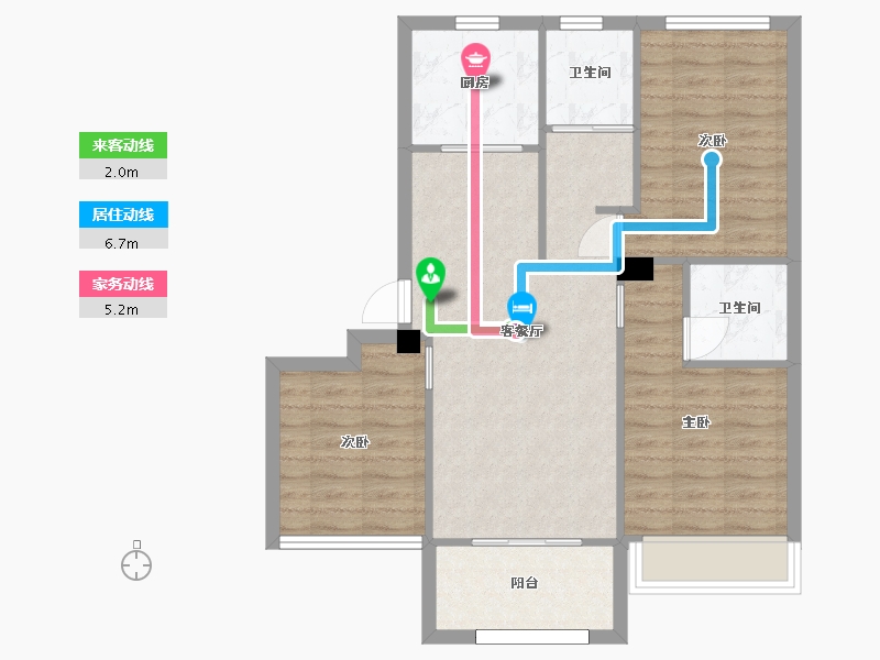 江苏省-苏州市-浦西玫瑰园9栋J户型96m²-75.91-户型库-动静线