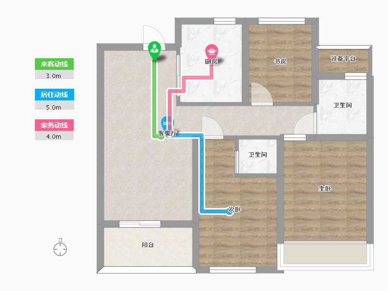 江苏省-苏州市-浦西玫瑰园3,15栋B户型86m²-70.87-户型库-动静线