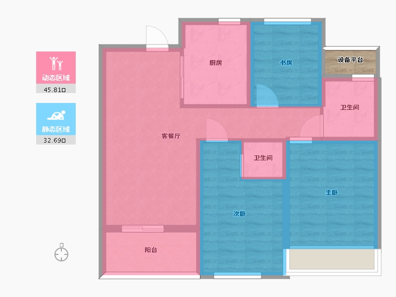 江苏省-苏州市-浦西玫瑰园3,15栋B户型86m²-70.87-户型库-动静分区